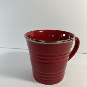 2007 STARBUCKS 14oz Red Ribbed Sand Pail Coffee Mug Silver Rim